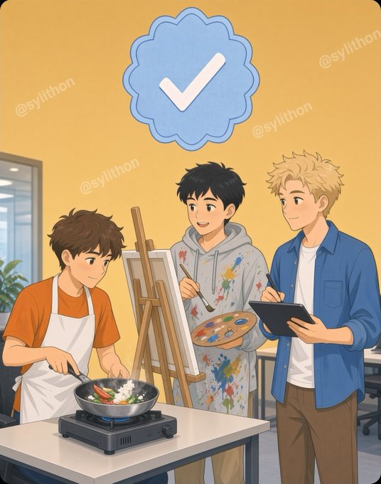 The picture showcases an anime-style scene of three boys engaged in cooking, painting, and digital drawing, with a blue checkmark badge above them and "@sylithon" watermarks throughout. It relates to the post by illustrating a sense of creative collaboration and diverse talents, aligning with the message of boosting one's page to gain 3K+ followers through community engagement.