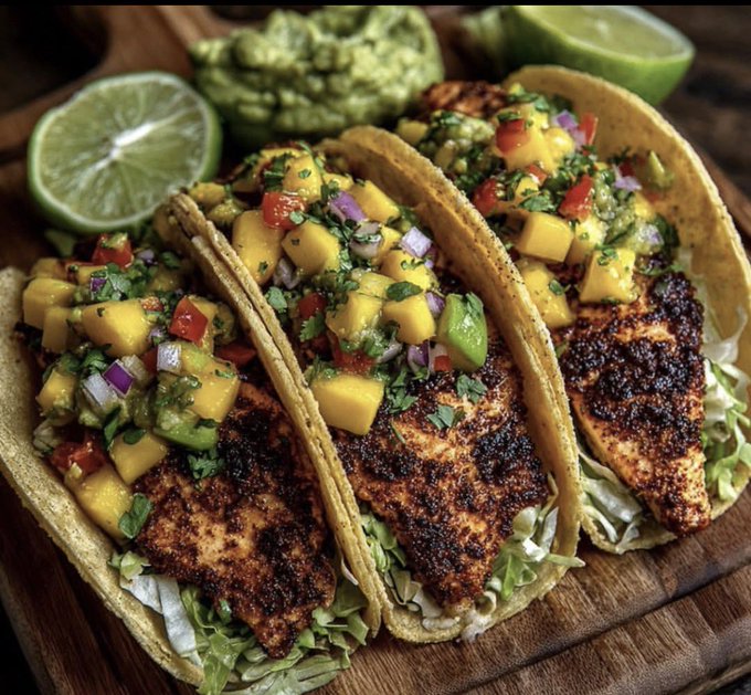 Three blackened chicken tacos topped with a vibrant mango-avocado salsa, served on corn tortillas with shredded lettuce on a wooden board, accompanied by lime halves and guacamole—matching the post's description of "Blackened spicy chicken tacos with mango and avocado salsa."