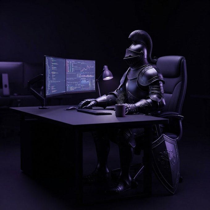 A knight in full black armor sitting at a desk working on dual monitors displaying financial charts and code, with a coffee mug nearby.