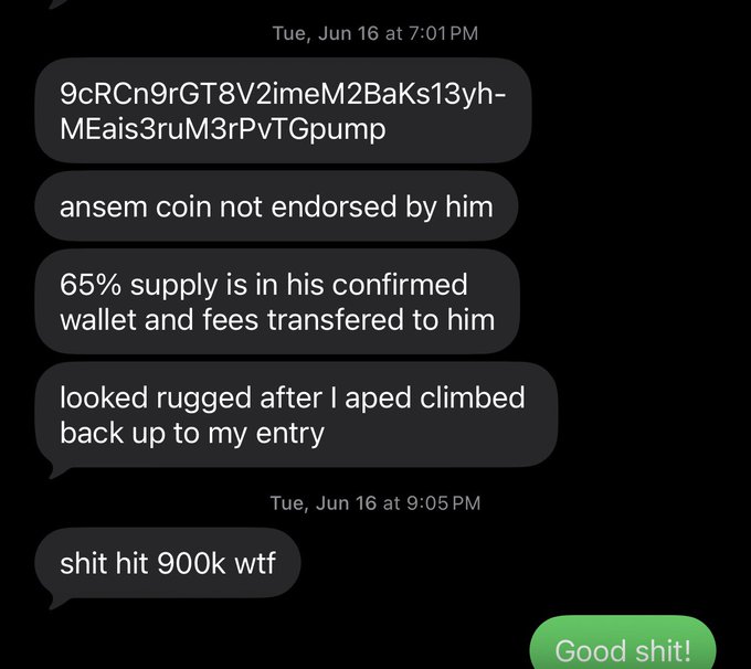 A text conversation from June 16 shows someone dismissing "ansem coin" as not endorsed, noting 65% supply is in the creator's wallet with fees going to him, and expressing shock that it hit 900k market cap. The accompanying post highlights how dismissing a token at 200k market cap caused the sender to miss life-changing gains on $ansem.