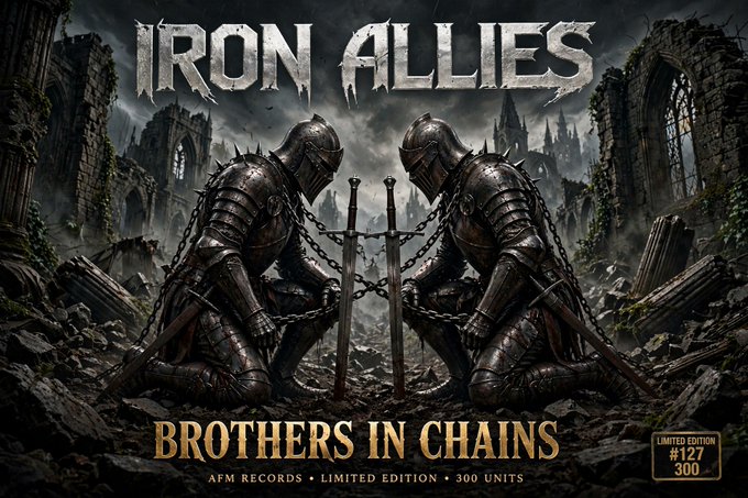 Album cover artwork for 'Iron Allies - Brothers in Chains' by AFM Records, featuring two armored knights kneeling with swords and chains against a ruined castle backdrop, marked as Limited Edition #127/300.