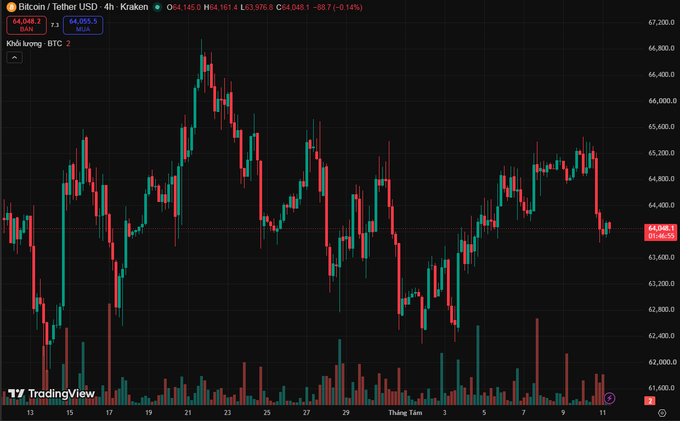 A TradingView Bitcoin/Tether USD (BTC/USDT) 4-hour candlestick chart on a 4h timeframe with a current price of 64,046.1 USD, showing a -0.14% change in the last hour, set against a Binance exchange context.