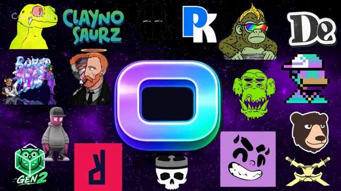 A collage of various NFT-style character logos surrounds a central Instagram logo on a purple cosmic background.