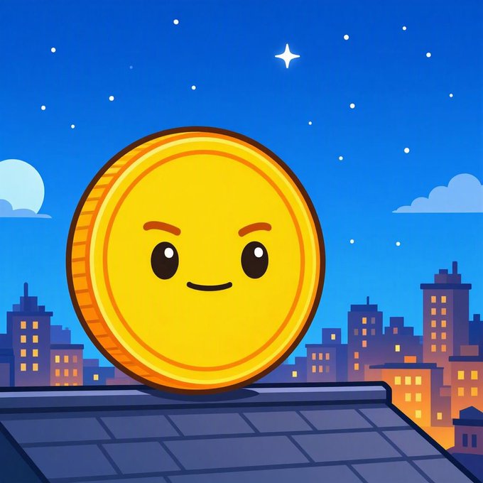 An animated cartoon gold coin with a smiling face sits on a rooftop overlooking a city skyline at night under a starry sky.