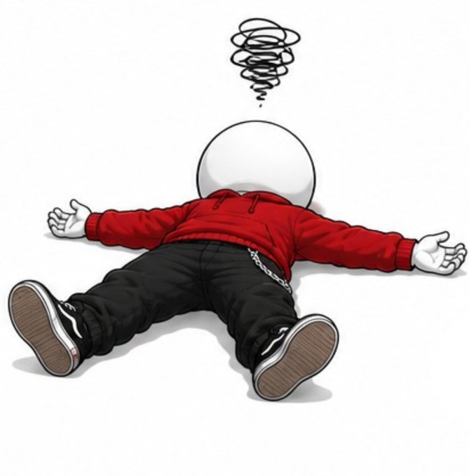 A stylized illustration of a faceless figure in a red hoodie and black pants lying flat on the ground with arms outstretched, a tornado swirling above their head, and a chain hanging from their waist.