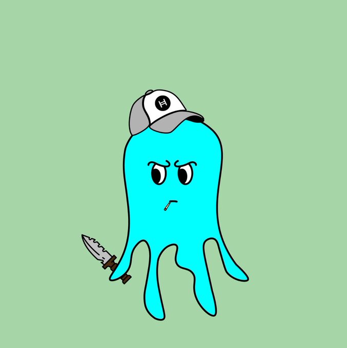 A cartoon illustration of a teal octopus-like character wearing a baseball cap and holding a knife against a light green background.