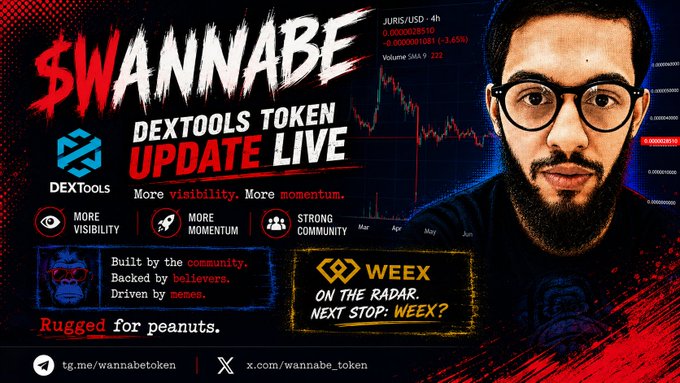 The image features a man wearing glasses, with his face partially visible, looking at the camera. The background of the image has a dark blue color, which contrasts with the red text that reads "$WANNABE verified page update is live on @DEXToolsApp More visibility. More visibility. More momentum. Stronger community. Built by believers. Driven by memes." This suggests that the man's face is being used as an advertisement for a cryptocurrency called "Wannaabe". The image also includes text about the "DEXTOOLS TOKEN" and "DEXTOOLS UPDATE LIVE", which are related to the cryptocurrency market, indicating that the man might be promoting or discussing this particular cryptocurrency.