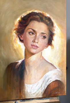 An oil painting portrait of a young woman with short auburn hair, depicted with classical painterly techniques on a canvas resting on an easel.