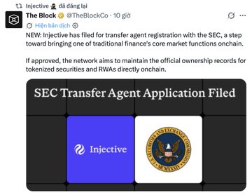 A tweet from 'The Block' (@TheBlockCo) reporting that Injective has filed for transfer agent registration with the SEC, with a graphic showing the Injective and SEC logos.