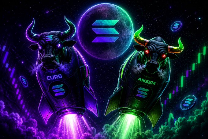 The image features two rocket-powered bull statues labeled "CURB" and "ANSEM" flanking a moon displaying the Solana ($SOL) logo, set against a cosmic backdrop with neon purple and green lighting and stock chart elements. The futuristic, bullish imagery of rockets launching from the bulls aligns with the post's "Solana Bull Cycle" theme, symbolizing the anticipated upward momentum for $SOL, $ANSEM, and $CURB.