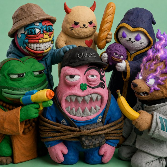 The image features a group of six plastic figurines posing together against a green background. The figurines are dressed in various outfits, including hats, ties, and clothing items such as a tie around one's neck or a scarf wrapped around their necks. One of the figurines is holding a banana while another has a toy sword. The figurines appear to be posed for a photo, possibly related to an advertisement or social media post promoting collaborations with a specific artist or brand.
