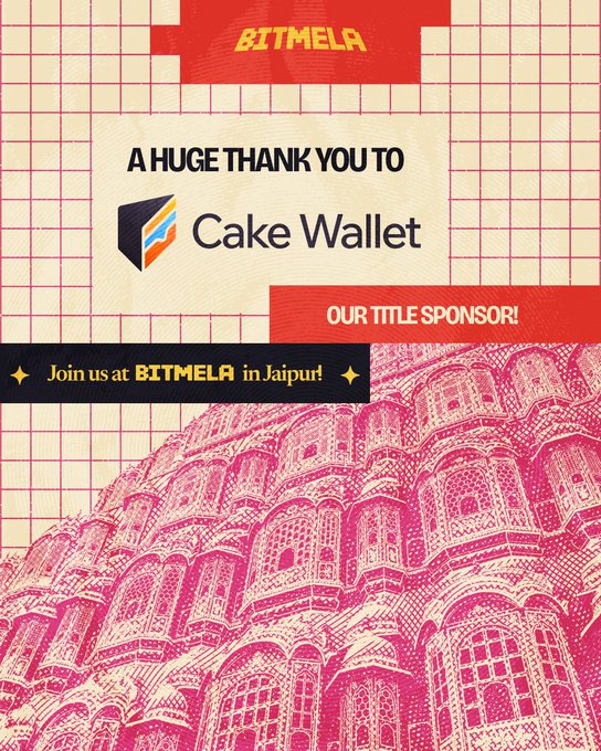 A promotional graphic for BITMELA thanks Cake Wallet as their title sponsor and invites attendees to the event in Jaipur, featuring an illustration of a patterned building facade.