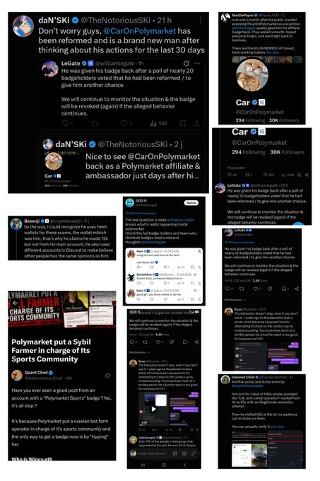 This image displays screenshots of tweets discussing "CarOnPolymarket" and their "badge system," with some users claiming the system is unhealthy and used for scams, while others defend "CarOnPolymarket."