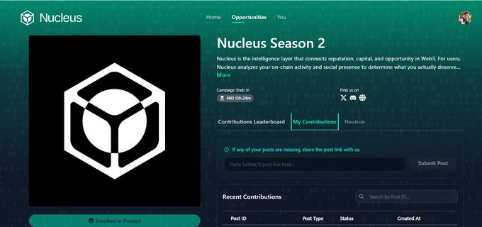 The image shows the "Nucleus Season 2" project page on the Canopy network, displaying 450,000 ENDS token campaign rewards, a My Contributions leaderboard for Neutron, and options to submit posts. It relates to the accompanying post by highlighting a second airdrop opportunity from @NucleusCodes, encouraging users to write quality posts daily and engage with other projects to boost their leaderboard ranking.