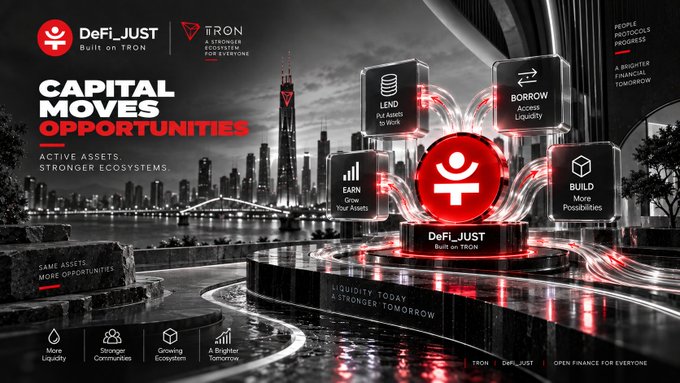 A promotional graphic for "DeFi_JUST Built on TRON" with the tagline "CAPITAL MOVES OPPORTUNITIES" features floating 3D blocks labeled LEND, BORROW, EARN, and BUILD.