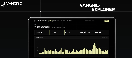 A dark-themed screenshot of the 'Vangrid Explorer' platform displaying statistics and a yellow histogram-style chart.