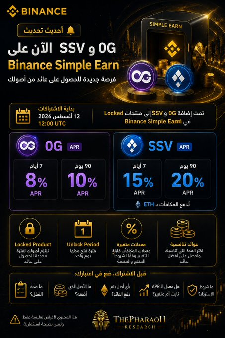A Binance promotional graphic in Arabic announcing 0G and SSV on Binance Simple Earn, showing APR rates of 8%-10% for 0G and 15%-20% for SSV with subscription starting August 12, 2026, branded by The Pharaoh Research.