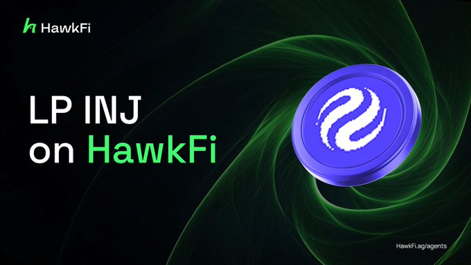 Advertisement for HawkFi showing a purple INJ token coin with the text 'LP INJ on HawkFi' and the URL 'HawkFi.ag/agents' on a green swirling background.