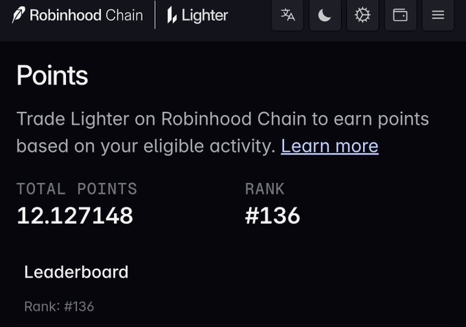 A dashboard screenshot for 'Robinhood Chain | Lighter' showing a Points page with Total Points of 12.127148 and Rank #136, encouraging users to trade Lighter to earn points.