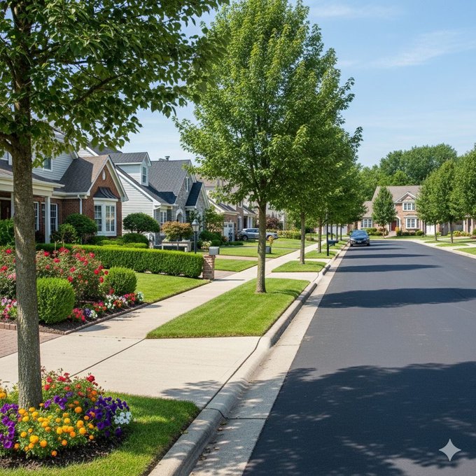 The image shows a residential street with houses, trees lining both sides of the road, and flowers blooming along the sidewalks. The scene appears to be captured during daytime hours under clear skies. In the corner of the photo, there's a post that reads "right now @quipnetwork is the most vibrant community on my timeline". This message seems to be related to the image or the neighborhood it depicts, possibly highlighting the beauty and charm of the area.

The houses are located at various distances from one another, creating an inviting atmosphere for residents. The presence of trees adds a touch of nature to the scene, making it feel more like a peaceful residential community rather than just a collection of buildings.
