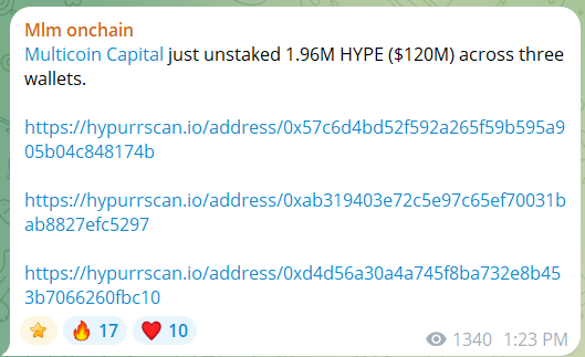 A Telegram post from "llm onchain" reports that Multicoin Capital just unstaking 1.96M HYPE ($120M) across three wallets, linking to the respective Hypurrscan addresses—relevant context for the user's intent to monitor HyperLiquid activity.