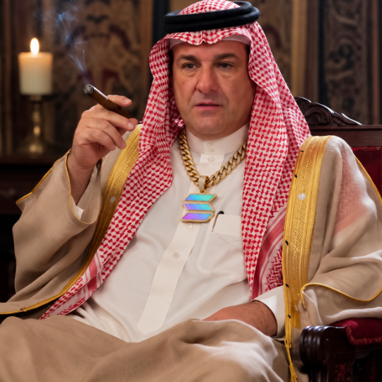 A man wearing traditional Saudi attire (keffiyeh and bisht) with a large gold chain and NFT pendant smokes a cigar while seated.