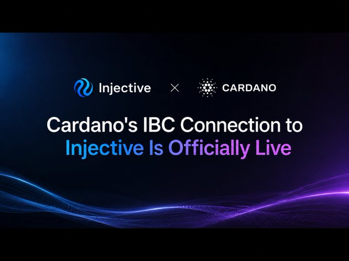 Announcement graphic stating "Injective x CARDANO" and "Cardano's IBC Connection to Injective Is Officially Live" against a dark blue/purple background.
