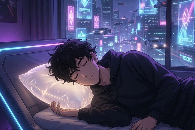 The image features a man sleeping with his head resting on a pillow, set against an urban cityscape backdrop. The scene includes neon signs and buildings that create a futuristic atmosphere. The caption of the image reads "It's that time of the day again where we need to clam the head Reset and check what we have done for the day Did you achieve something, did you get done what you needed to get done Wishing y'all a wonderful night rest Checking out @wallchain again and positioning for". The man sleeping in front of these neon signs is likely representing the concept of "Wallchain" from the anime series.