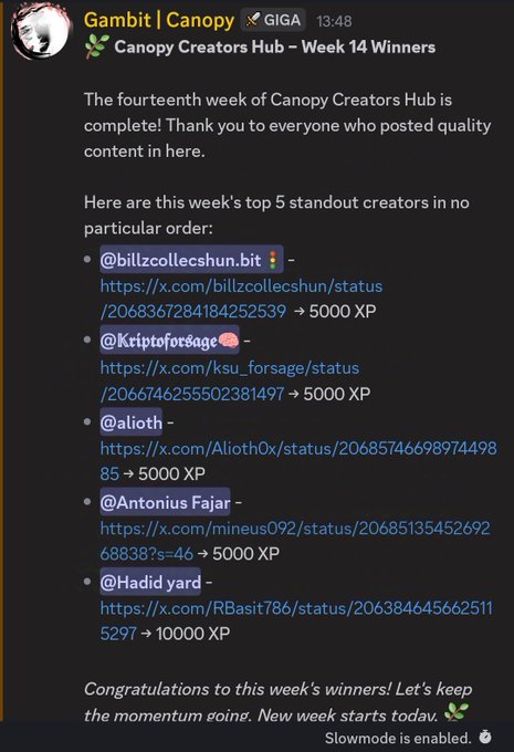 A screenshot of a chat window showing the top five winners of an award given to Canopy Creators Hub during week 14.