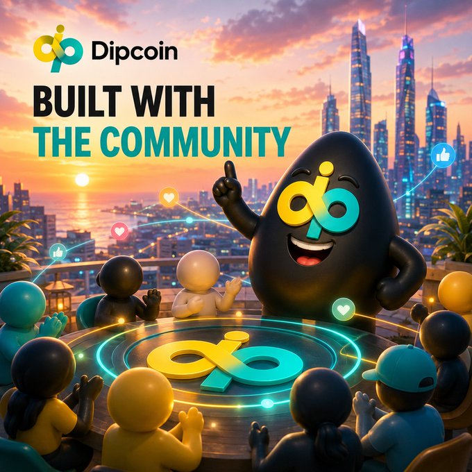 A promotional graphic for 'Dipcoin' featuring the text 'BUILT WITH THE COMMUNITY', a cartoon mascot egg character with a coin logo, and a group of small figures gathered around a glowing logo on a rooftop overlooking a city skyline at sunset.
