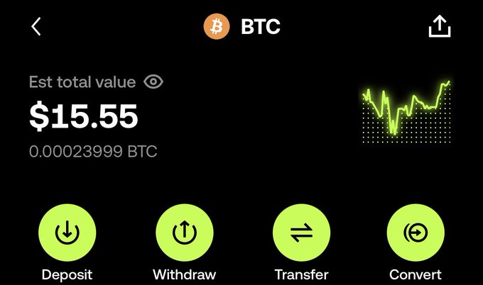 A screenshot of a cryptocurrency wallet app showing a Bitcoin (BTC) balance of $15.55 (0.00023999 BTC), with options to Deposit, Withdraw, Transfer, or Convert, and a small green price chart.