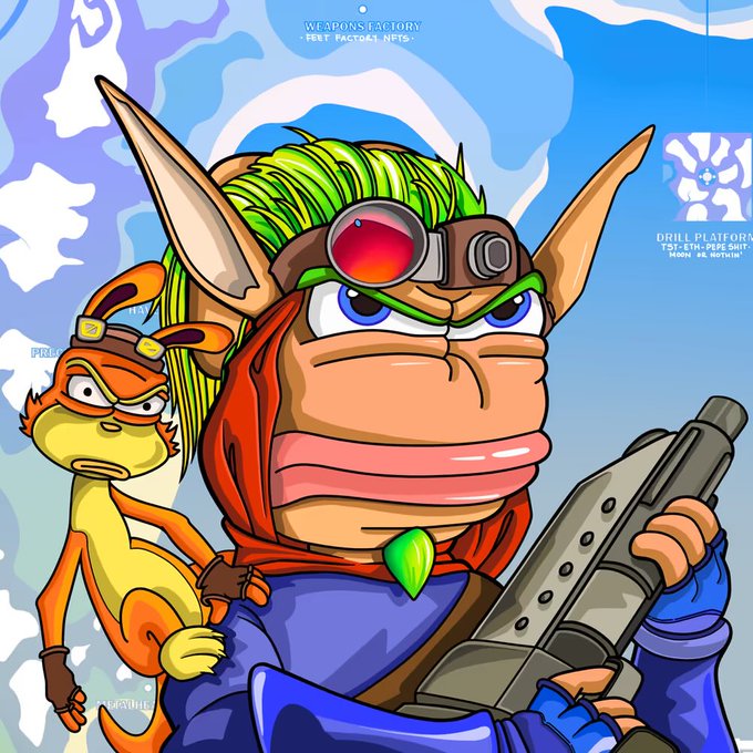 A cartoon-style illustration of a green-haired character with a red visor and large weapon, accompanied by a smaller orange kangaroo-like character, with text including 'WEAPONS FACTORY' and 'DRILL PLATFORM'.