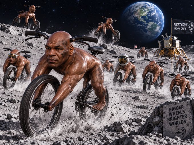 A surreal AI-generated image depicting multiple muscular, bald figures riding bicycles on the moon's surface with Earth in the background, alongside a 'BIKETYSON MOON CREW' flag and a rock labeled 'BIGGER WHEELS BRIGHTER WORLDS.'