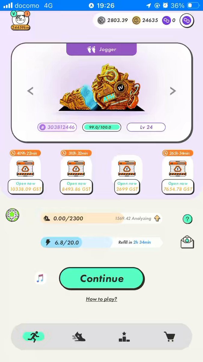 The image shows a phone screen displaying an app called "Jager" with a purple background, white text, and gold accents. The app has three different screens, each showing a unique item for sale. There are also icons representing various items such as a clock, a book, and a music player. The post suggests that the user can continue playing the game by following the instructions displayed on the screen.