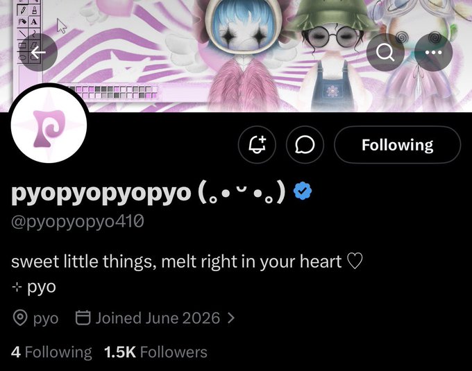 Twitter/X profile for 'pyopyopyo (｡•ᴗ•｡)' (@pyopyopyo410) featuring anime-style art, 1.5K followers, joined June 2026, with bio 'sweet little things, melt right in your heart.'