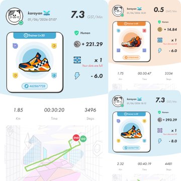 The image shows a fitness tracking app with four different screens displaying various information about the user's progress during their workout. The first screen displays the number of steps taken, while the second screen shows the distance covered by those steps. The third screen provides details on the type and size of shoes worn during the workout session. The fourth screen shows the time spent exercising at 7:43 AM.