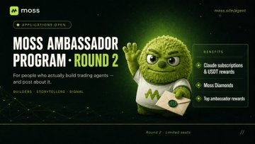 The image features a green, fuzzy-looking character with arms raised, possibly waving or clapping hands. The character appears to be an ambassador for moss, as indicated by the text "Moss Ambassador Program - Round 2". The background of the image is black and has white text on it that reads "Applications open here", suggesting that this could be a promotional post for moss applications.

The main content of the image focuses on the character and its role as an ambassador, with the text "For people who actually build trading agents" written below the character's arms raised gesture. The character is also described as having a green shirt and holding a letter in one hand while waving with the other.