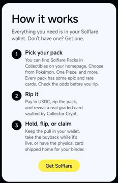 An informational graphic titled 'How it works' explaining the Solflare wallet's three-step process: Pick your pack, Rip it, and Hold, flip, or claim.