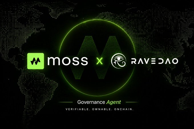 A promotional graphic showing a partnership between MOSS and RAVEDAO, labeled 'Governance Agent' with the tagline 'VERIFIABLE. OWNABLE. ONCHAIN.' against a digital world map background.