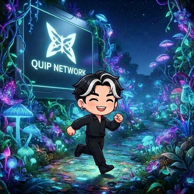 A cheerful cartoon chibi-style character with black and white hair runs joyfully through a glowing bioluminescent forest, with a large screen behind him displaying the "QUIP NETWORK" logo featuring a star icon.