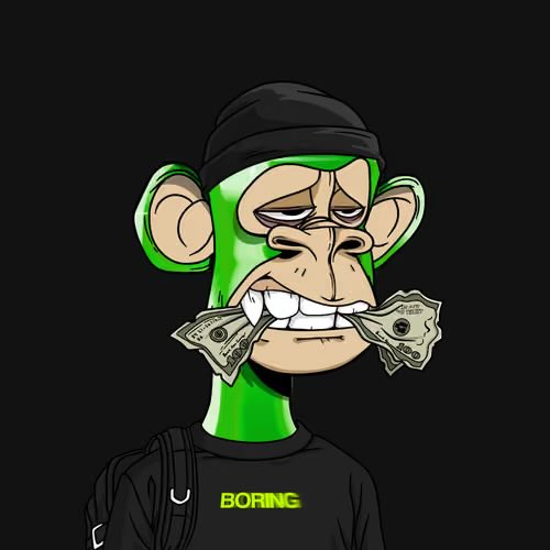 A cartoon illustration of a green-faced monkey character wearing a black beanie and a shirt that reads 'BORING,' holding a stack of US dollar bills in its mouth against a black background.