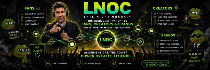 The image is a promotional banner for "LNOC – Late Night Onchain," positioning it as the "media coin that unites fans, creators & brands" on one network, one mission, one win. It features celebrity investor Tom Segura as a key endorser, with Pepe the Frog mascots highlighting that "real fans make real wins" and the tagline "Alignment creates power. Power creates legends." This ties to the post, which invites followers to join a free community room for updates on announcements and raids, while offering "inner circle" access for those holding 1 million $LNOC tokens.