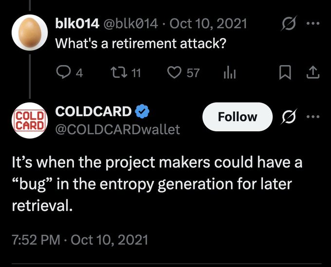 The image shows a 2021 Twitter exchange where user @blk014 asks "What's a retirement attack?" and verified account @COLDCARDwallet replies that it's "when the project makers could have a 'bug' in the entropy generation for later retrieval." This post, which defines a "retirement attack" as a potential backdoor planted by wallet manufacturers, has resurfaced and gone viral following the reported theft of nearly $100 million from Coldcard wallets through a similar entropy generation flaw.