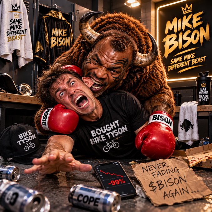 A satirical meme image featuring a Mike Tyson lookalike in a bison costume attacking a distressed man wearing a 'Bought Bike Tyson' shirt, with merchandise branding 'MIKE BISON: SAME MIKE DIFFERENT BEAST' and a phone showing -99% with a cardboard sign reading 'NEVER FADING $BISON AGAIN...'