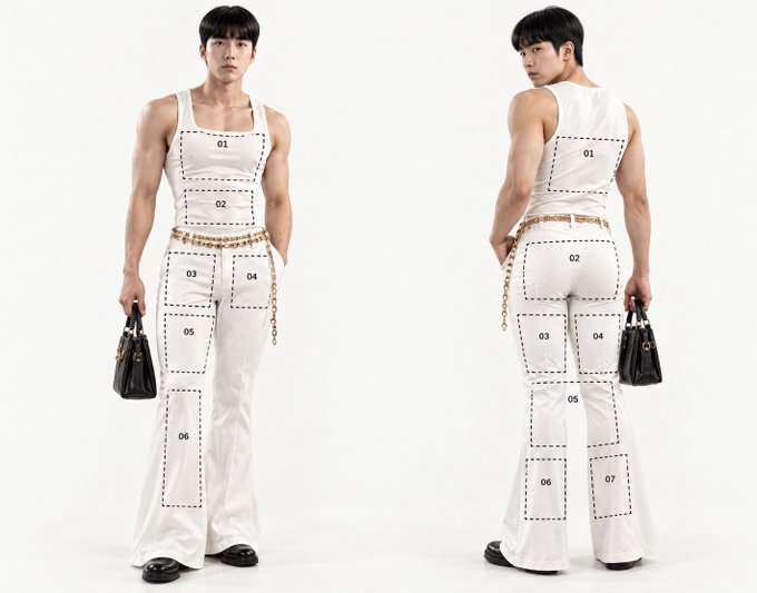 A male model is shown from both front and back views wearing white clothing, with numbered dashed-line boxes (01-07) marking various body parts/regions.