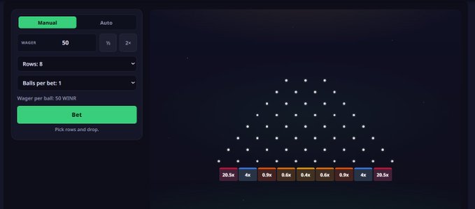 A screenshot of a Plinko gambling game interface showing a 50 wager, 8 rows, 1 ball per bet, with multipliers ranging from 0.4x to 20.5x at the bottom.