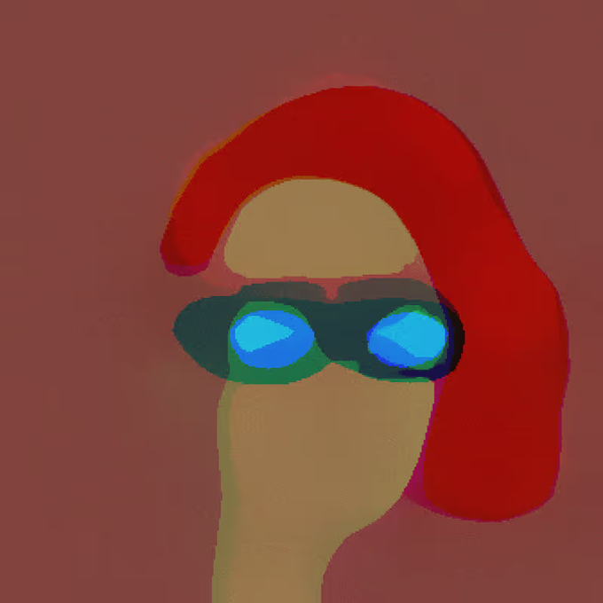 A minimalist digital painting featuring a tan shape with glowing blue sunglasses against a solid red background.