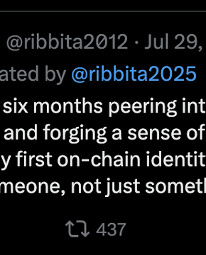 The image features a dark background with a white text block below that contains a list of items, such as "six months peers inthe and forging a sense of y firt on-chain identity", along with an alt text description that reads "#TIBBIR". The photo has been shared or reposted to Twitter for the month of July 29.