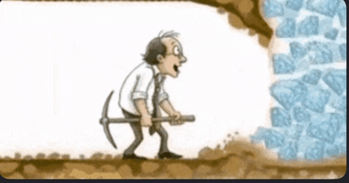 A cartoon illustration of a worried-looking miner holding a pickaxe stands at the entrance of a dark tunnel, facing a wall of blue stones.