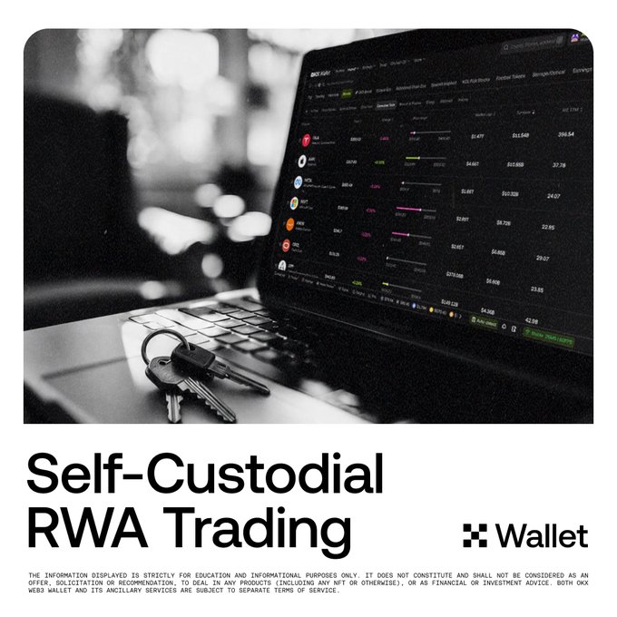 A laptop displays the OKX Web3 wallet interface showing a list of tokenized real-world asset (RWA) markets with prices and ticker symbols, with physical keys resting on the keyboard to symbolize self-custody. The bold text "Self-Custodial RWA Trading" alongside the OKX Wallet logo reinforces the post's announcement of OKX enabling users to buy and hold RWAs onchain while retaining full control of their private keys.